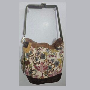 Lucky Brand Vintage Canvas Leather Bag Bird Print Boho Crossbody Bohemian